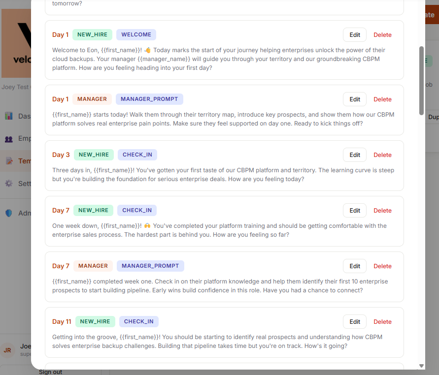 Veloramp automated message schedule — Day 1 through Day 90 check-ins delivered via Slack and Teams